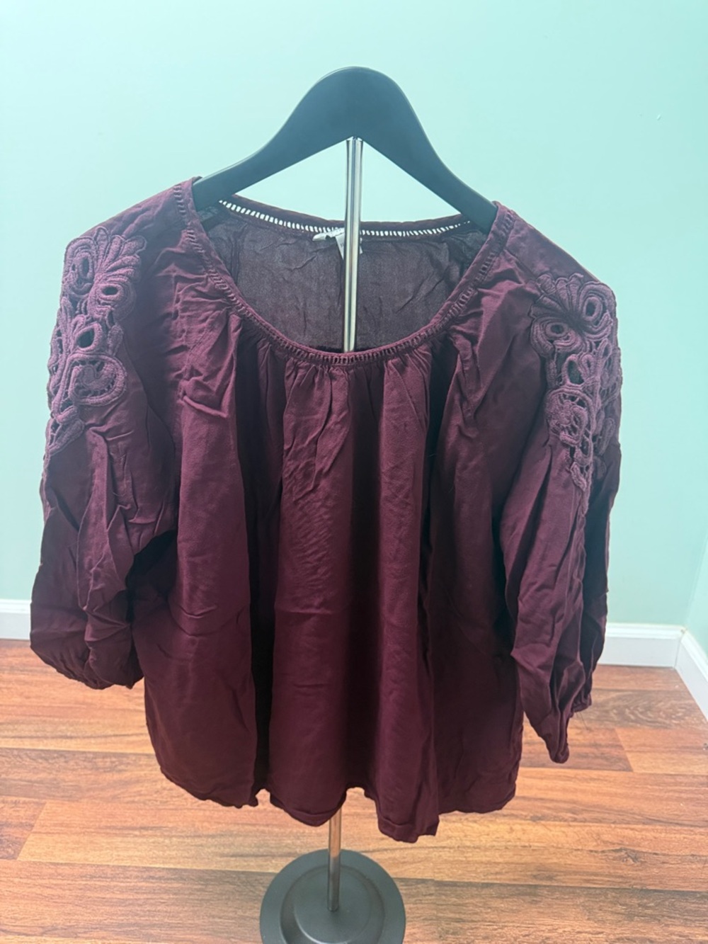 Women's Burgundy Embroidered Peasant Blouse